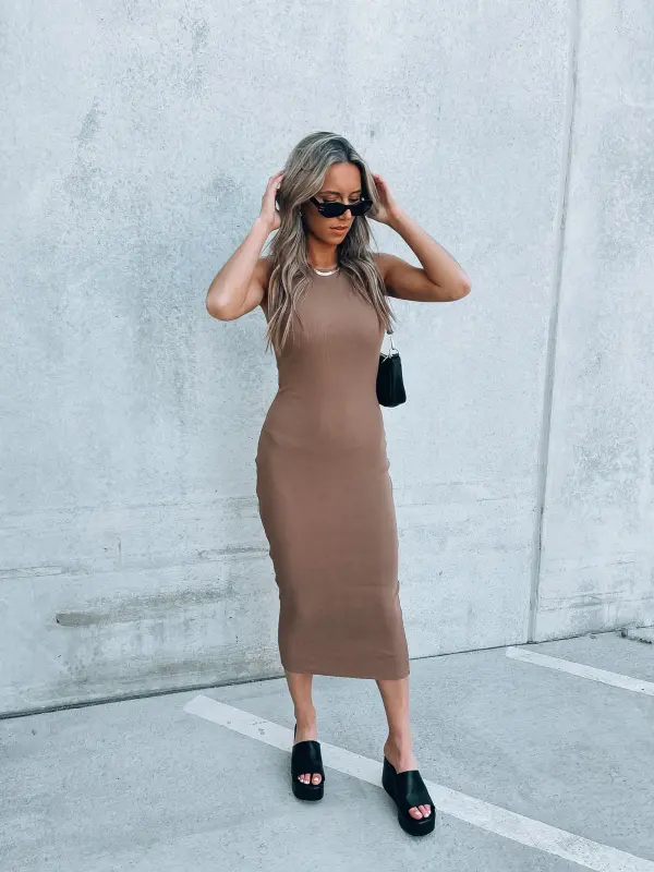 Structured Mocha Midi Dress